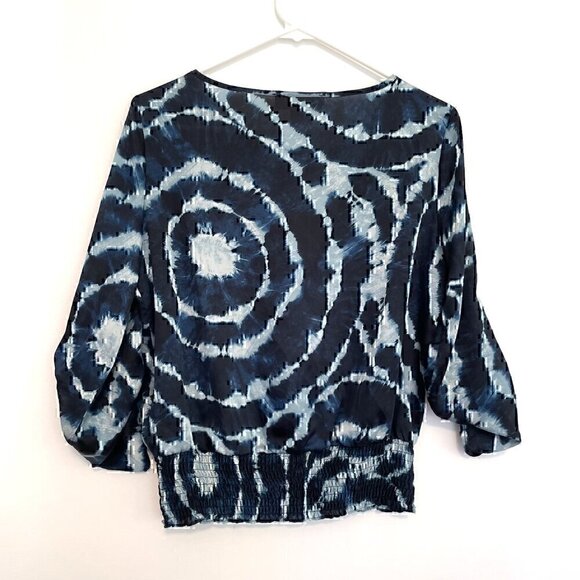 MICHAEL MICHAEL KORS Navy Blue Tie Dye Satin 3/4 Sleeve Roll Tab Blouse PETITE S - Picture 13 of 13